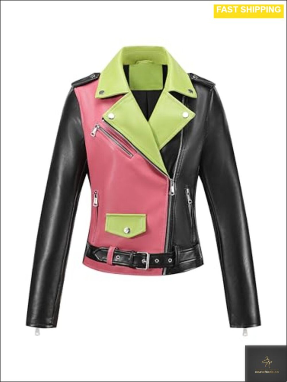 Faux Leather Color-Block Moto Zip Up Cropped Jacket
